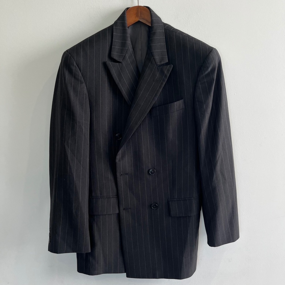 Oscar de la Renta Mens Pinstripe Wool Cashmere Double Breasted Blazer 37R Gray